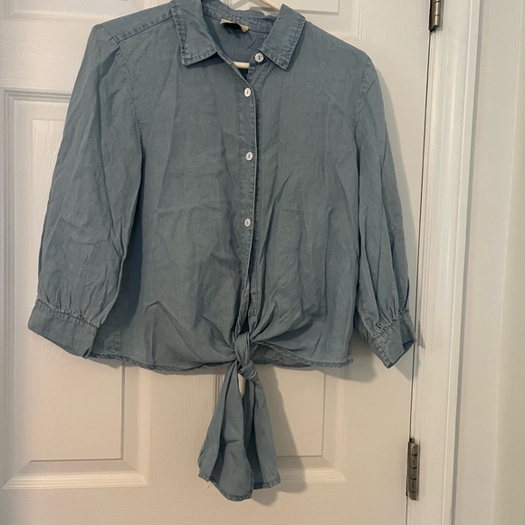 Elie Tahari Blue Button Down Tie Front Shirt - Picture 1 of 8